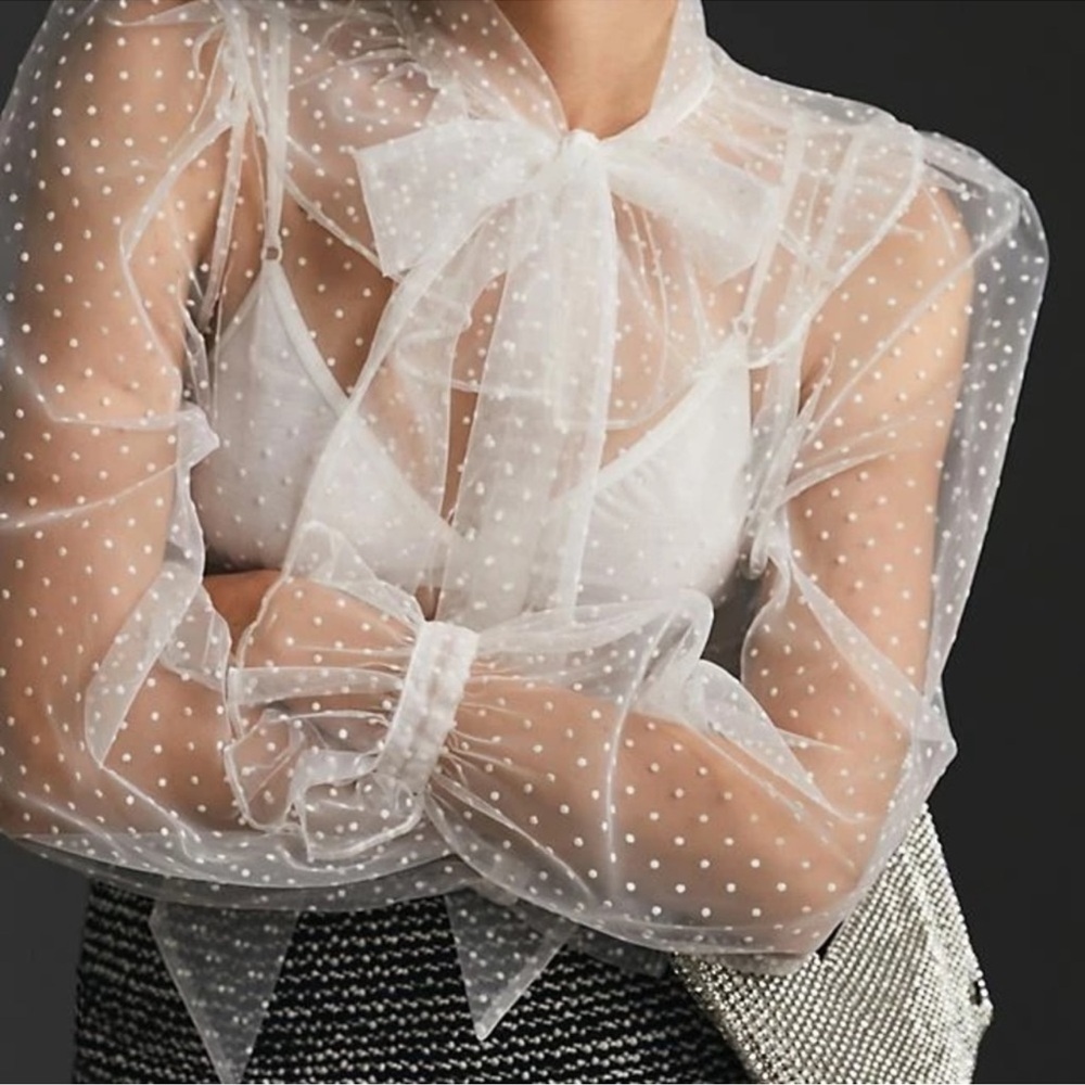 Dolan Sheer White Polka Dot blouse anthologies 
Tie~neck Size S